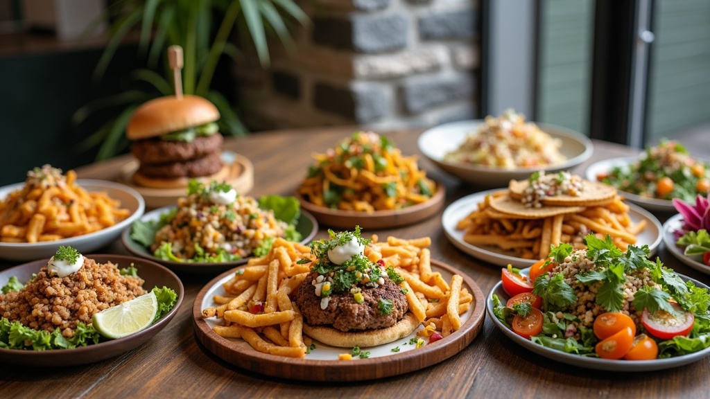A colorful spread of vegan dishes on a wooden table: veggie burgers, tacos, salads, and bowls
