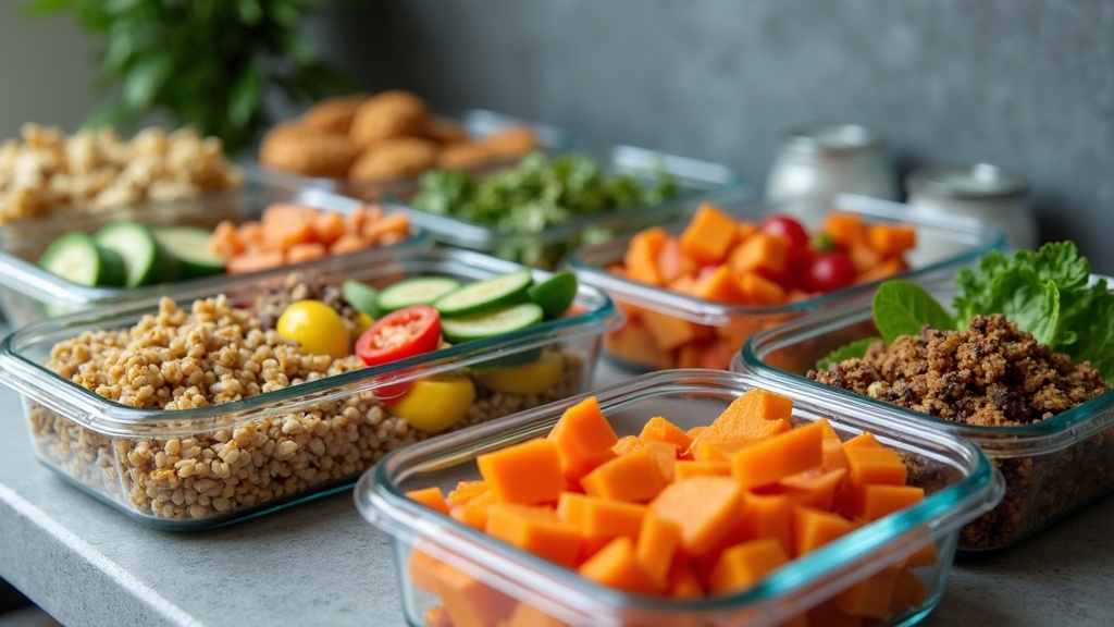 A colorful spread of prepped healthy meals in glass containers on a kitchen counter, featuring vegetables, grains, and protein sources.