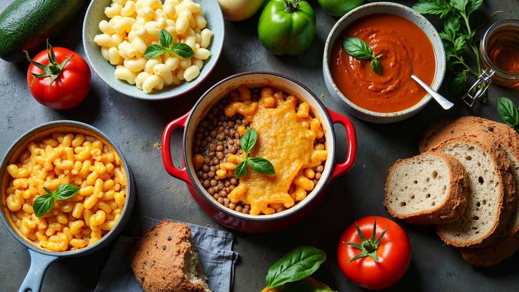A hearty plant-based mac and cheese in a rustic kitchen setting with fresh vegetables and herbs around.