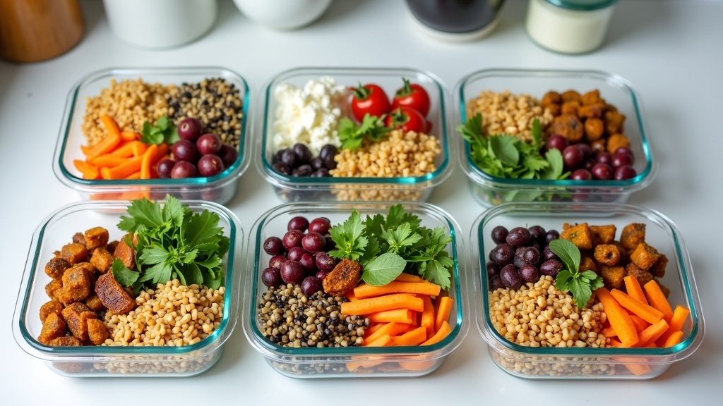 Colorful array of meal-prepped vegan lunches in reusable containers