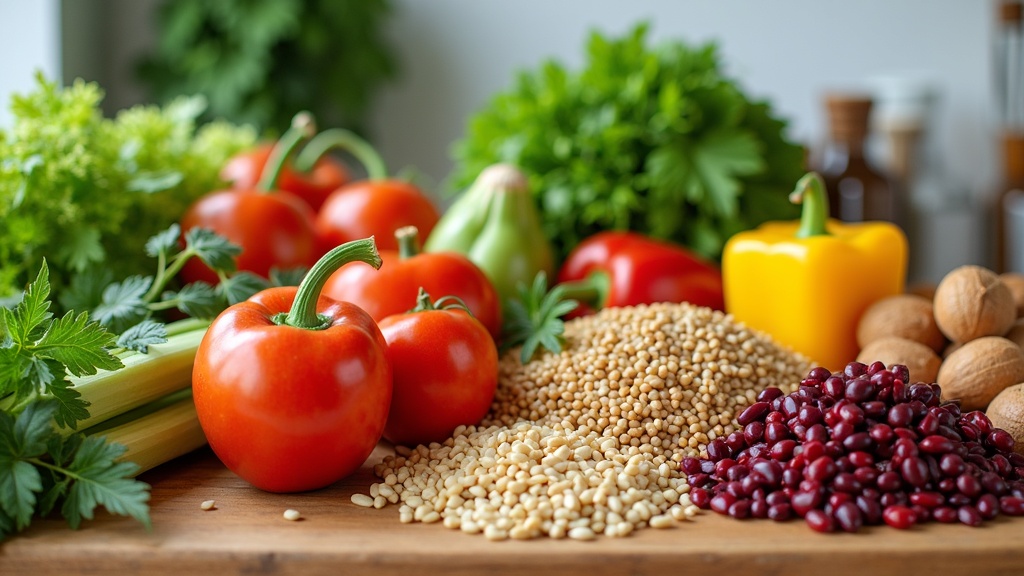 Colorful vegan vegetables and grains neatly arranged on a kitchen countertop