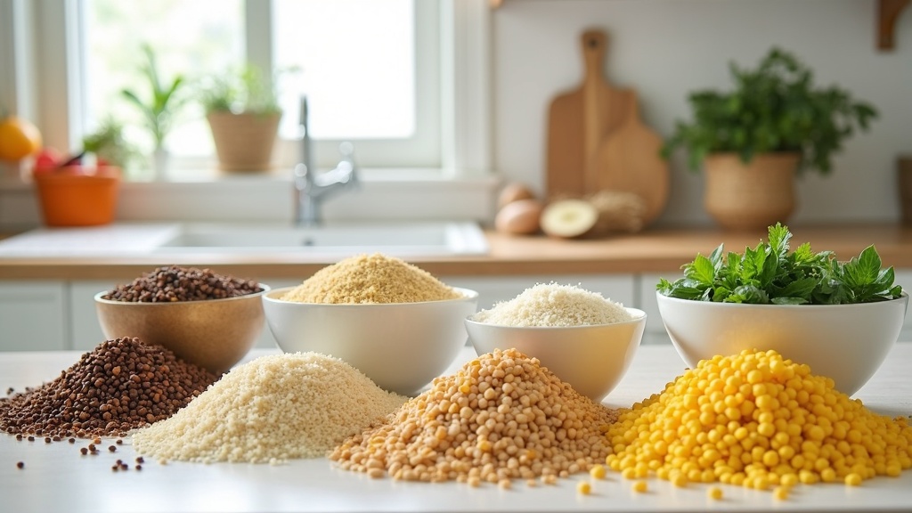 Table with gluten-free ingredients and fresh vegetables.